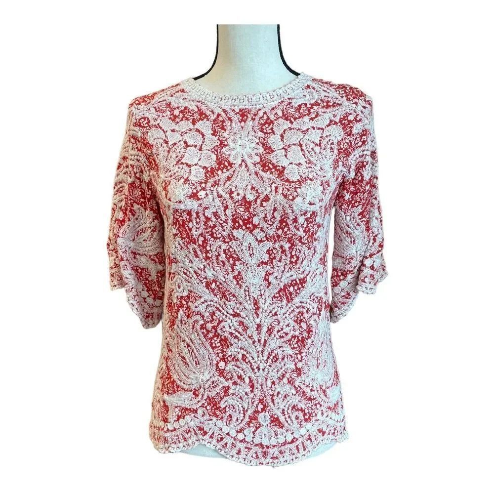 Solitaire Anthropologie Womens Tunic Top Embroidered Red White Floral S